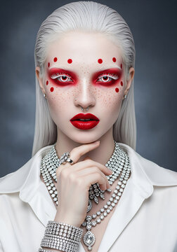 A woman with gray hair and red lipstick. She has red eyes and is wearing a red lipstick.