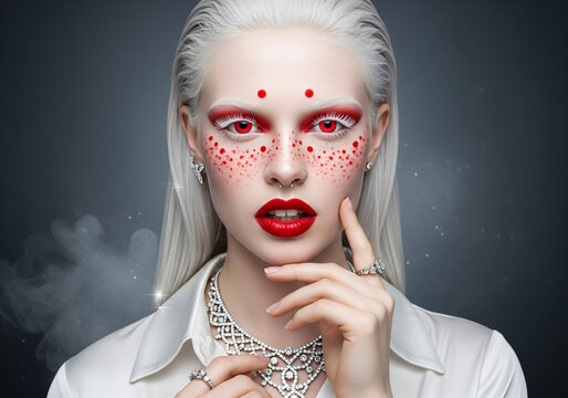 A woman with gray hair and red lipstick. She has red eyes and is wearing a red lipstick.