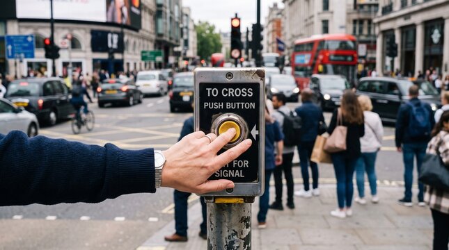 Person pressing button on traffic signal pole in busy city street