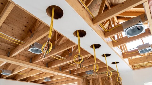 New home construction showing electrical wiring for recessed lighting installation in an unfinished ceiling