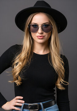 A woman wearing a black hat and glasses is posing for a photo. She has long, straight brown hair and a serious expression on her face. Concept of elegance and sophistication