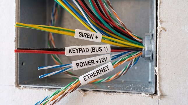 Clearly labeled electrical wires for home security, power, and data networking in a junction box installation