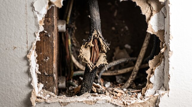 Damaged Wall Exposing Old Frayed Electrical Wiring and Hazardous Copper Cables