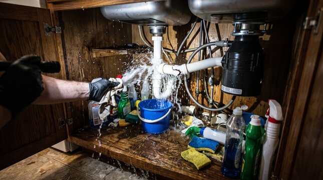 Plumber fixing leaking sink pipes with water spraying into a bucket and onto the floor