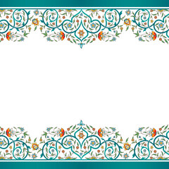 Elegant floral border frame with intricate Persian style patterns on white background © LuminaMotion Assets