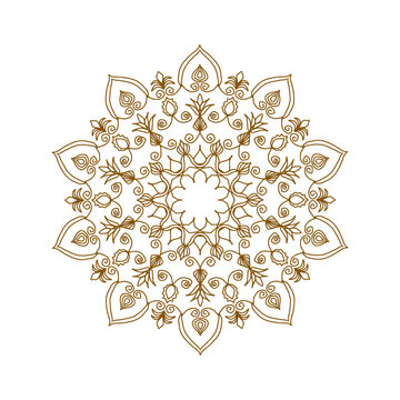 Elegant gold mandala ornament with intricate floral patterns on a white background