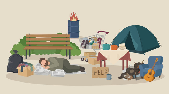 Homeless man sleeping on street, depicting poverty and social issues