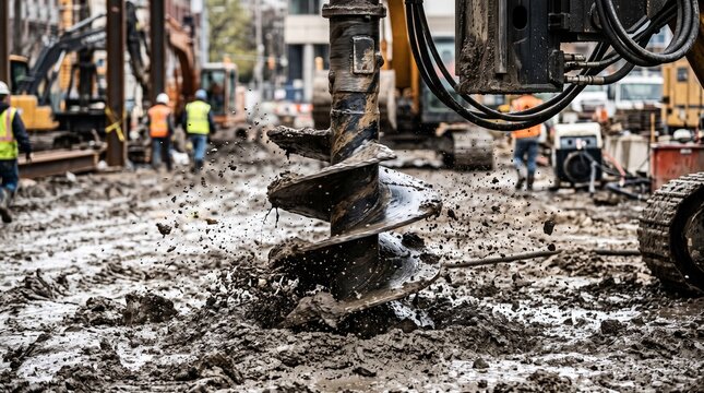 Construction drilling rig in muddy ground with flying dirt and debris