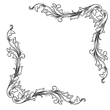 Elegant black floral filigree corner frame isolated on white background