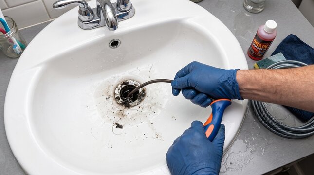 Person using a drain snake to clear a clogged bathroom sink with hair and debris
