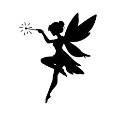 Black silhouette of a flying fairy holding a magic wand with sparkles on white background © LuminaMotion Assets