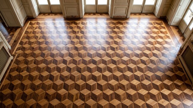 Geometric parquet wood floor with 3D optical illusion pattern in an empty luxury room