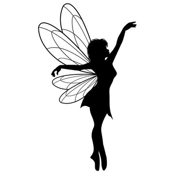 Black silhouette of a graceful fairy with delicate wings isolated on a white background