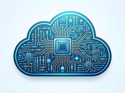 Digital cloud computing icon composed of electronic circuit board pathways depicts modern network technology data storage.