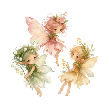 Cute watercolor fairy trio with floral elements isolated on a white background
