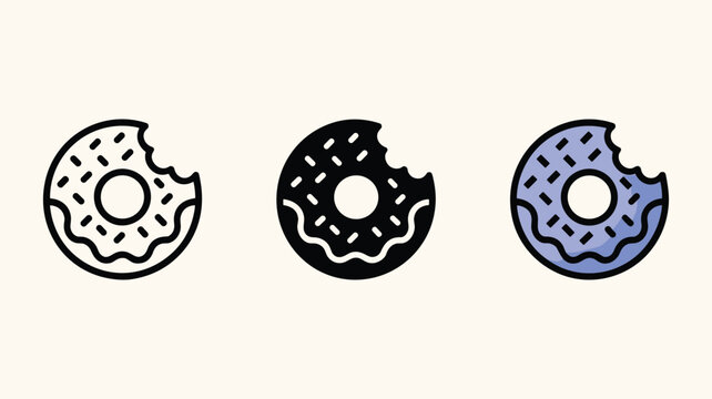 Glazed donut with bite mark icon set in outline glyph and colored styles for bakery and food industry branding.