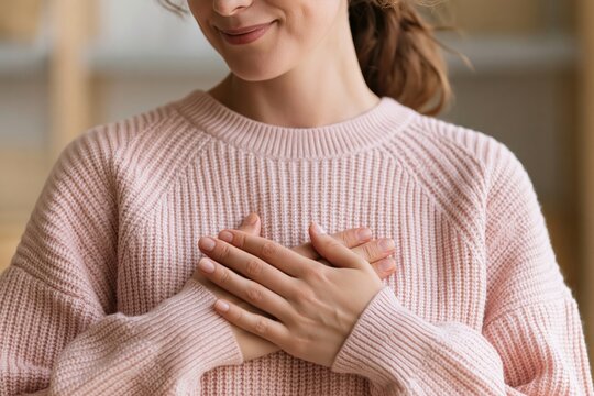 Woman in a pink sweater holding her heart with sincere gratitude and appreciation