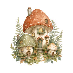 Obraz premium Watercolor illustration of a whimsical fairy mushroom house village in a forest setting
