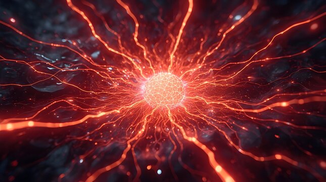 Red energy core and intensely spreading electric veins with glowing cyberspace background