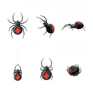 Six views of a female black widow spider with red hourglass marking isolated on transparent background