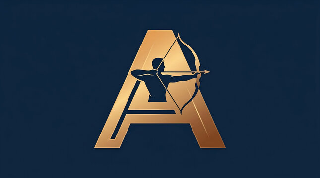 Luxury Golden Letter A Logo Design Featuring A Silhouette Archer Aiming With A Bow And Arrow On A Deep Navy Blue Background