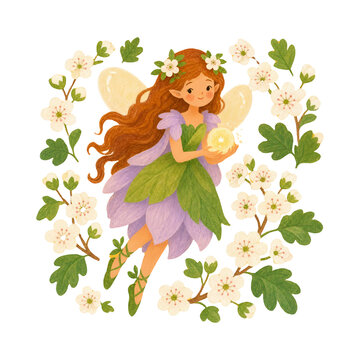 Cute forest fairy character flying surrounded by white spring flowers on white background