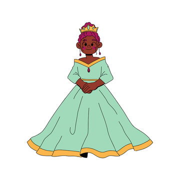 Illustration of a young Black princess wearing a crown and a long elegant green gown