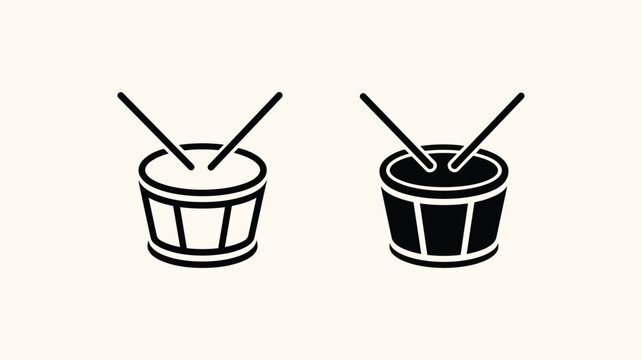 Minimalist drum with drumsticks vector icons in line and solid black styles for musical branding.