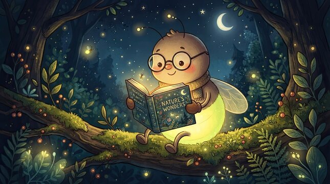 A cute cartoon firefly wearing glasses reads a book while sitting on a mossy tree branch at night with titled nature wonders branch under moonlit bioluminescence illustration luminescent woodland
