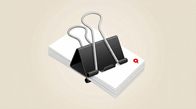 Professional 3d isometric illustration of a stack of blank white business papers secured with a classic black metal binder office clip