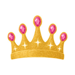Golden princess crown illustration with pink gemstones isolated on white background © LuminaMotion Assets