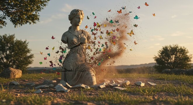 Statue exploding in a field outdoors.