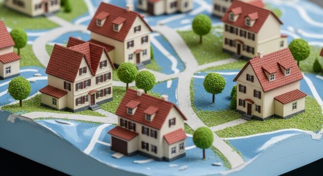 Miniature houses and trees arranged on a map representing a neighborhood