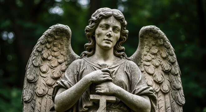 stone angel statue with wings and cross.