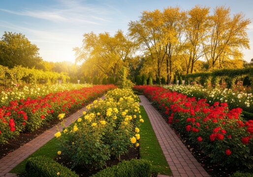 Vibrant rows of blooming flowers in a sunlit autumn garden landscape