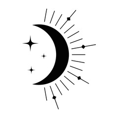 Minimalist black crescent moon icon with celestial rays and stars on white background © LuminaMotion Assets