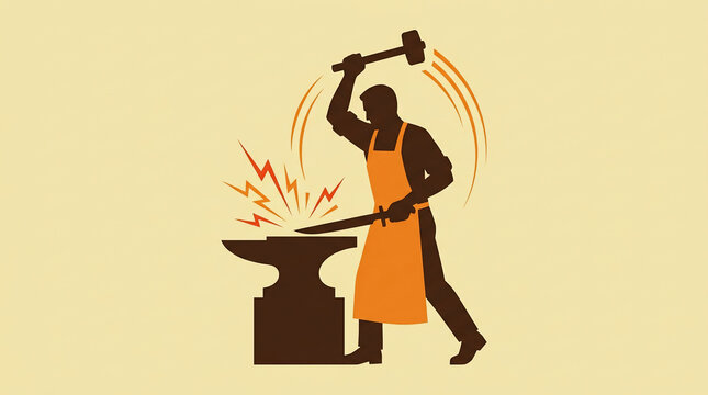 Vector Illustration of a Medieval Blacksmith Forging a Steel Sword on an Anvil with Hammer and Glowing Sparks