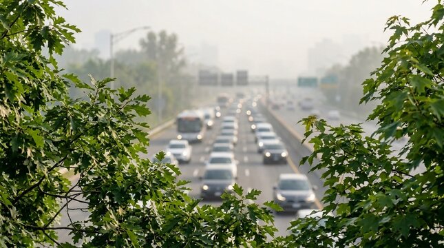 Busy highway traffic during morning commute with lush green foliage in the foreground
