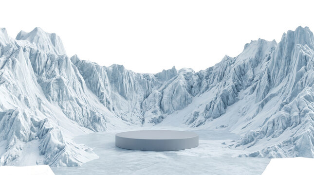 Un podium circulaire gris minimaliste plac&eacute; au centre d'un paysage de montagnes enneig&eacute;es stylis&eacute;es pour une pr&eacute;sentation de produit &eacute;l&eacute;gante sur fond blanc isol&eacute;