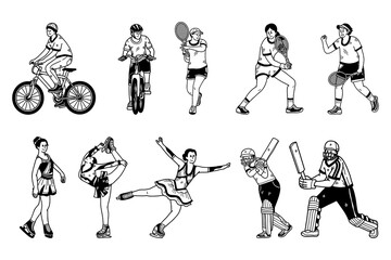 Fototapeta premium black and white Illustration set of athletes cycling tennis ice skating and cricket