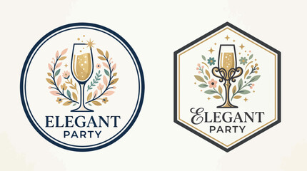 Naklejka premium Elegant Party emblem with champagne glass and floral wreath