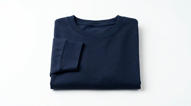 Folded dark blue long-sleeve t-shirt neatly placed on a clean white background, showcasing comfortable and versatile casual wear for everyday style and modern simplicity