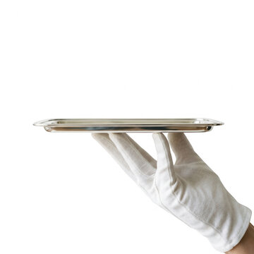 Une main gant&eacute;e de blanc tient un plateau de service en m&eacute;tal argent&eacute; vide, pr&eacute;sent&eacute; sur un fond blanc pur, id&eacute;al pour le service de luxe, la restauration ou la pr&eacute;sentation de produits.