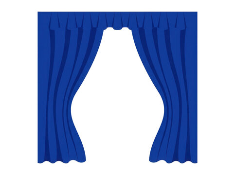 Rideaux bleus &eacute;l&eacute;gants et drap&eacute;s ouverts sur un fond blanc, parfaits pour une mise en sc&egrave;ne th&eacute;&acirc;trale, une pr&eacute;sentation de produit ou un design graphique minimaliste et professionnel.