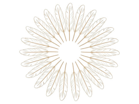 Une composition circulaire &eacute;l&eacute;gante form&eacute;e par des plumes d&eacute;licates dispos&eacute;es en rayons sur un fond blanc pur, cr&eacute;ant un motif artistique minimaliste et harmonieux.