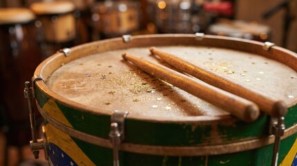 Obraz premium Samba drum with wooden sticks resting on the drumhead for Brazilian percussion music