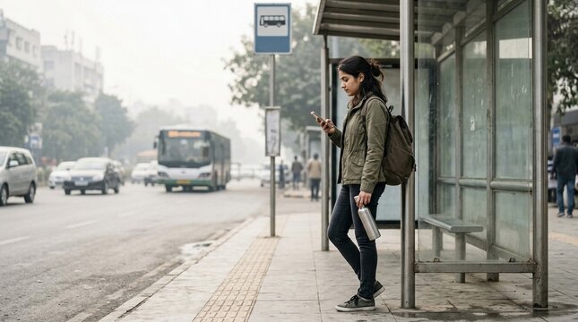 Young woman using smartphone while waiting for bus at urban transit stop with backpack and water bottle