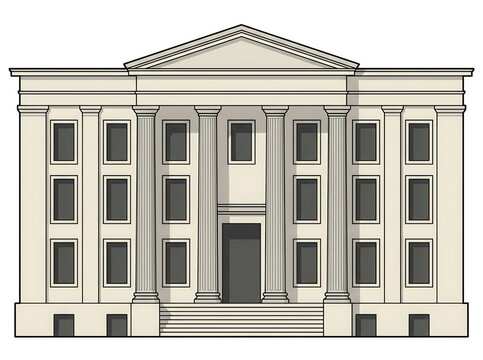 Illustration vectorielle de la fa&ccedil;ade d'un b&acirc;timent n&eacute;oclassique avec des colonnes, un fronton et des fen&ecirc;tres, isol&eacute;e sur fond blanc.