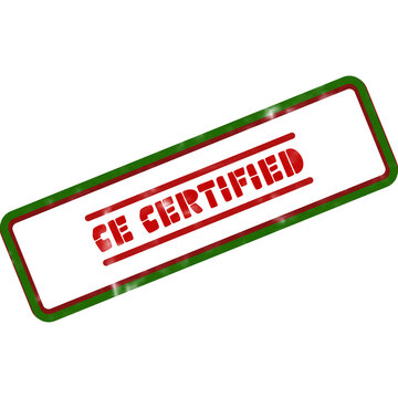 CE Certified rubber stamp illustration, red and green quality seal for product compliance, industrial safety certification mark