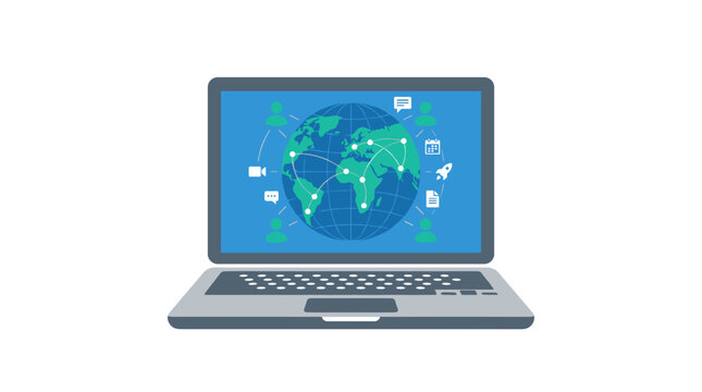 Global networking illustration showing world map connection on laptop screen for digital communication
